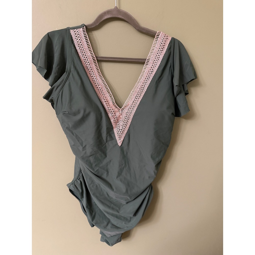 Blooming Jelly Olive Green Pink Crochet V-Neck Ruffle One Piece Swimsuit XXL NEW